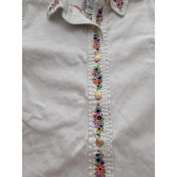 Bob Mackie White Denim Maypole Dancing Midsummer Floral Shirt Sz XL Embroidered - Picture 3 of 15
